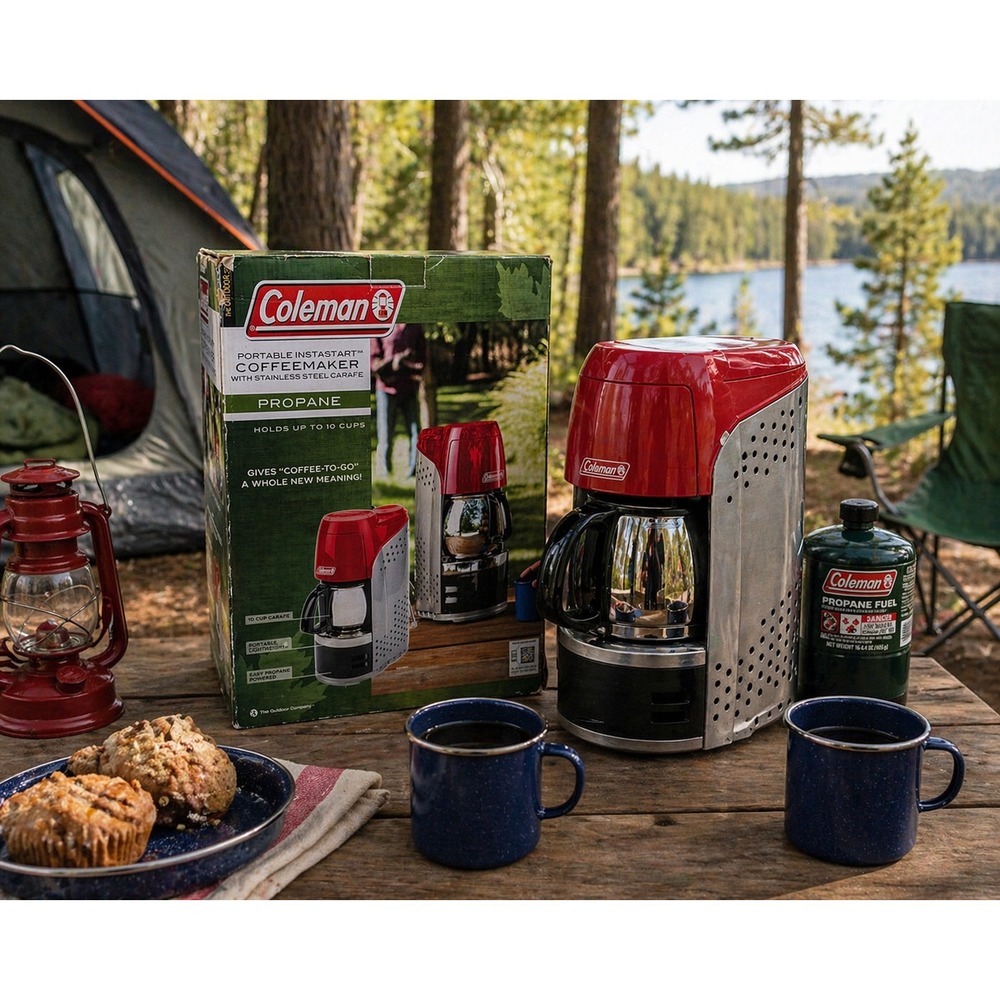 Coleman Portable InstaStart Propane Coffeemaker 10 Cup Stainless Carafe Red 16"